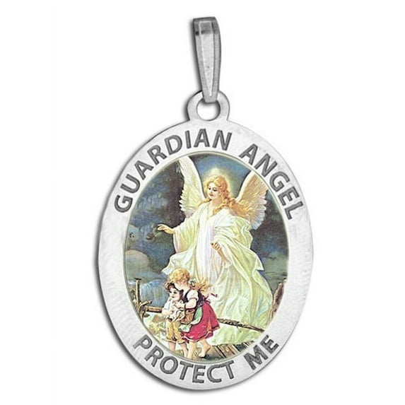 PicturesOnGold.com Guardian Angel "School Protect" Double Sided Medal Color- 3/4 X 1 Inch -Solid 14K White Gold