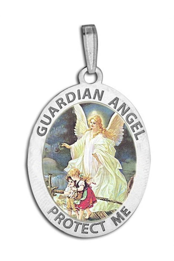 Guardian Angel "School Protect" Double Sided Medal Color - 3/4 Inch X 1 Inch - Sterling Silver