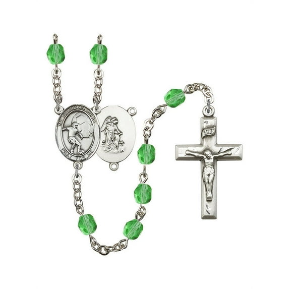 Guardian Angel/Soccer Silver-Plated Rosary 6mm August Green Fire Polished Beads Crucifix Size 1 3/8 x 3/4 medal charm