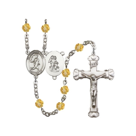 Guardian Angel/Track&Field-Men Silver-Plated Rosary 6mm November Yellow Fire Polished Beads Crucifix Size 1 5/8 x 1 medal