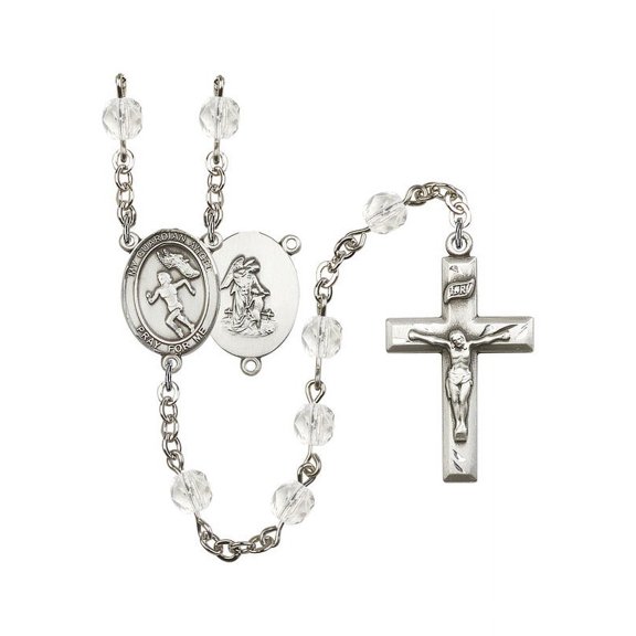 Guardian Angel/Track&Field Silver-Plated Rosary 6mm April Crystal Fire Polished Beads Crucifix Size 1 3/8 x 3/4 medal charm