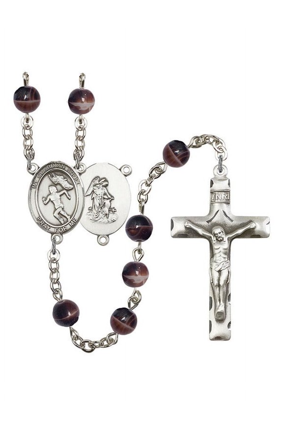 Guardian Angel/Track&Field Silver-Plated Rosary 7mm Brown Beads Crucifix Size 1 3/4 x 1 medal charm