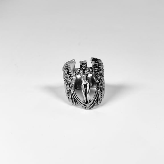 Guardian Angel Warrior Ring- Silver Winged Cross Ring for Men, Gothic Angel Protector Jewelry, Stainless Steel Statement Ring