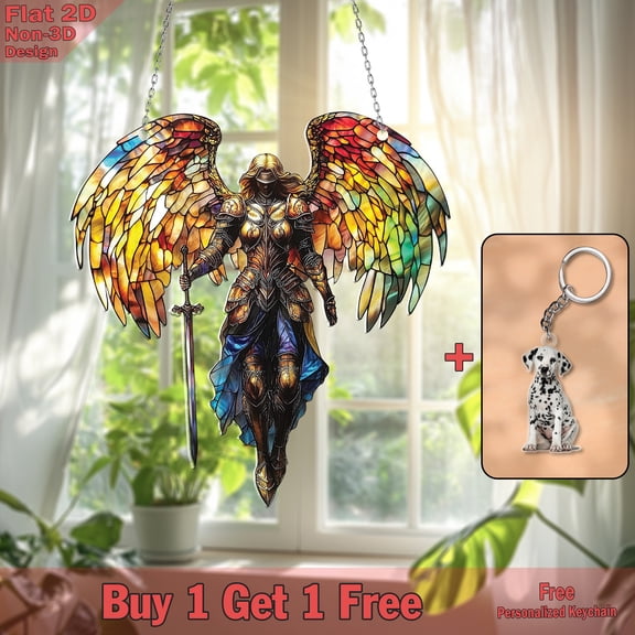 Guardian Angel Warrior - Stained Glass Style Sun Catcher - Unique Spiritual Gift - Angelic Window Hanging - Protector Angel Home Decor - Aesthetic & Inspirational Ornament