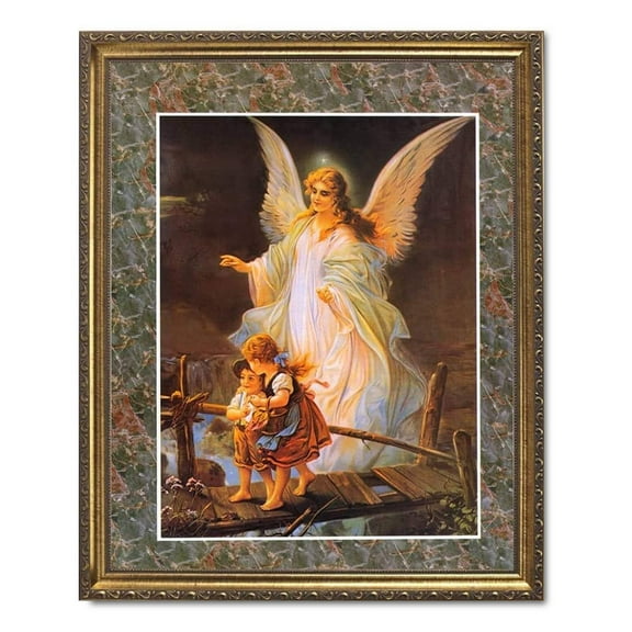 Guardian Angel Watching Over Children #2 Religious Art Print with Decorative Border 8x10" Gold Frame + Glass GREAT BAPTISM GIFT