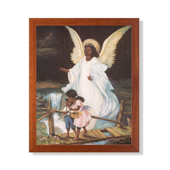 Guardian Angel With Children On Bridge African American Black Religious Art Print 16x20" Hone Frame + Real Glass Great Gift!!