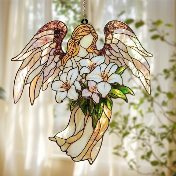 Guardian Angel With Lilies Acrylic Suncatcher, Faux Stained Glass Memorial Window Hanging, Guardian Angel Decor, Comfort Gift For Mom