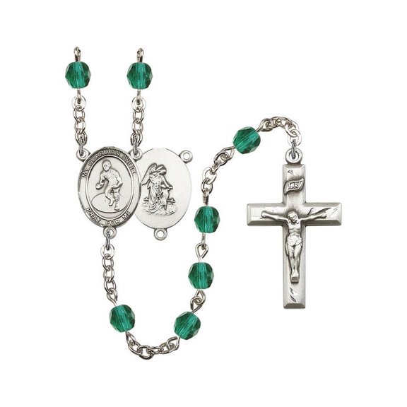 Guardian Angel / Wrestling Silver-Plated Rosary 6mm December Blue Fire Polished Beads Crucifix Size 1 3/8 x 3/4 medal charm