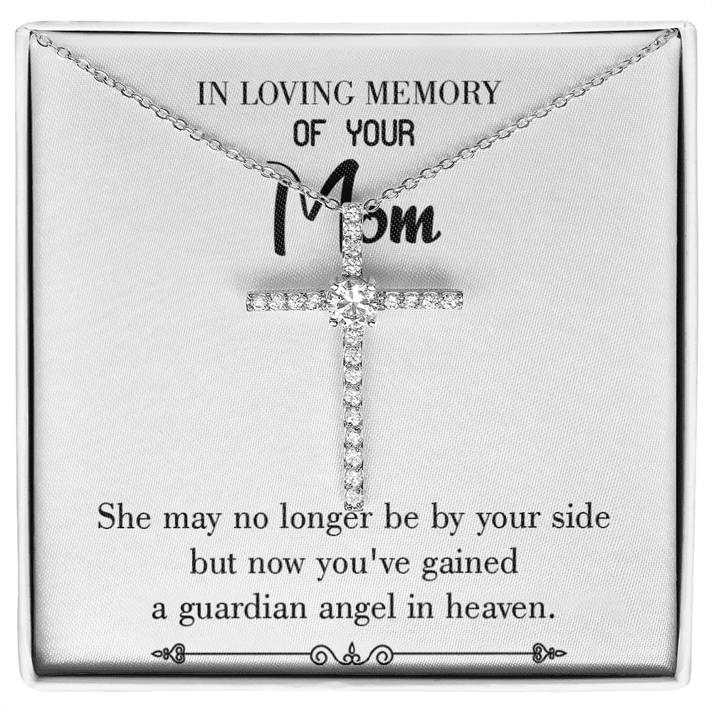 Guardian Angel in Heaven White Mom Remembrance CZ Cross Necklace