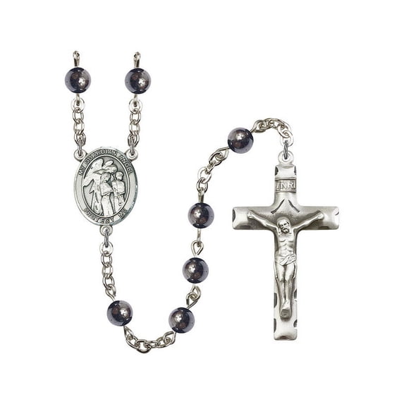 Guardian Angel w/Children Silver-Plated Rosary 6mm Hematite Beads Crucifix Size 1 3/4 x 1 medal charm