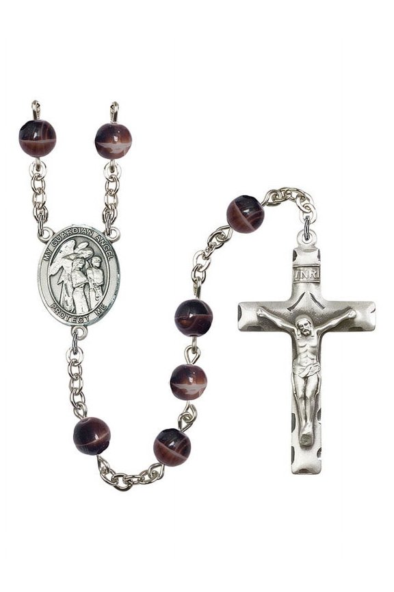 Guardian Angel w/Children Silver-Plated Rosary 7mm Brown Beads Crucifix Size 1 3/4 x 1 medal charm