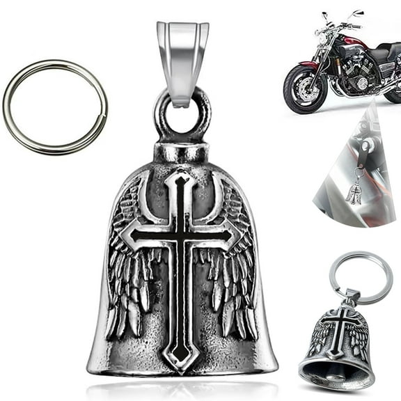 Guardian Bells for Motorcycle Rider Bikers,Motorcycle Bell Cross Key Chain,Punk Biker Style,Luck Angel Gremlin Keychains for Gifts (H03)