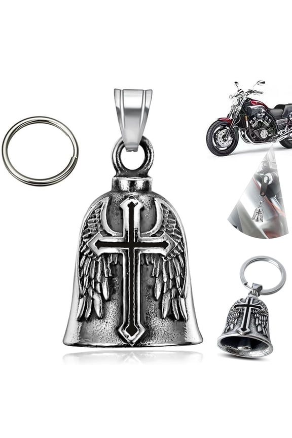 Guardian Bells for Motorcycle Rider Bikers,Motorcycle Bell Cross Key Chain,Punk Biker Style,Luck Angel Gremlin Keychains for Gifts (H03)