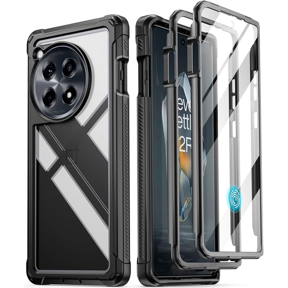 Guardian Case for OnePlus 12R 5G (2024), Built-in Screen Protector [Work with Fingerprint ID], [2 Front Frames] [20FT Mil-Grade Drop Tested] Full Body Shockproof Clear Cover Case, Black/Clear