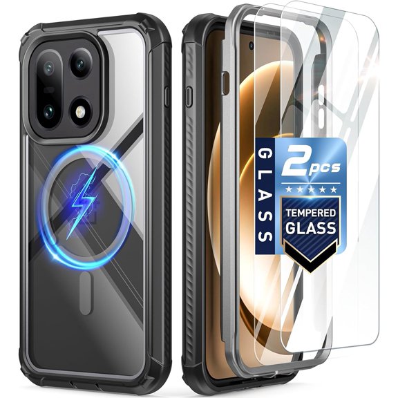 Guardian Case for OnePlus 15 5G, | Magsafe Compatible |2 Tempered Glass Screen Protector Work with Fingerprint ID |, Full Body Shockproof Rugged Clear Cover Case, Black/Clear