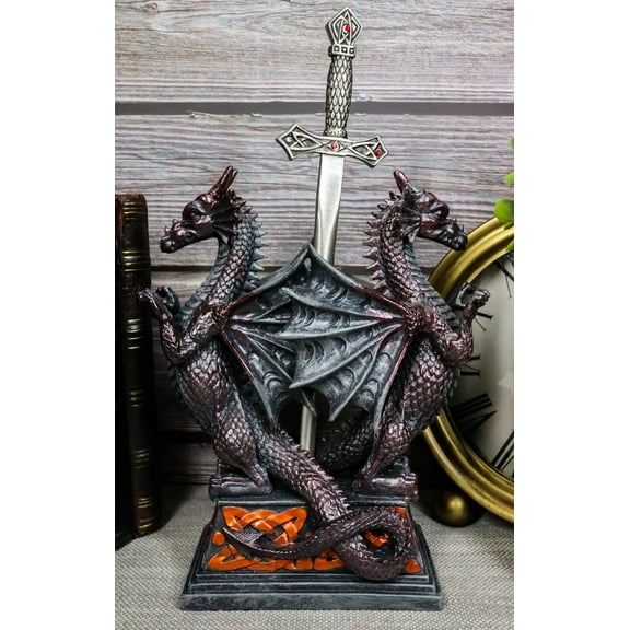 Guardian Double Dragons With Celtic Rune Sword Letter Opener Figurine Set