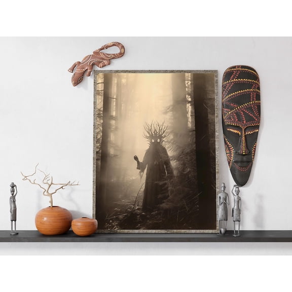 Guardian Of The Forest, Dark Academia Decor, Gothic Aesthetic Poster, Dark Cottagecore Art, Mystical Forest Creature Art, Art Poster, Stretched Canvas Size 16x24