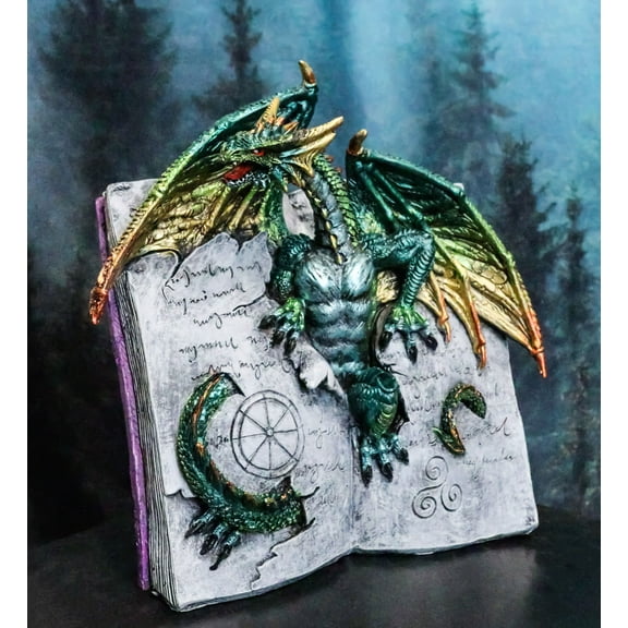 Guardian Of Bibliography Gold Green Dragon Emerging Out Of Spell Book Figurine
