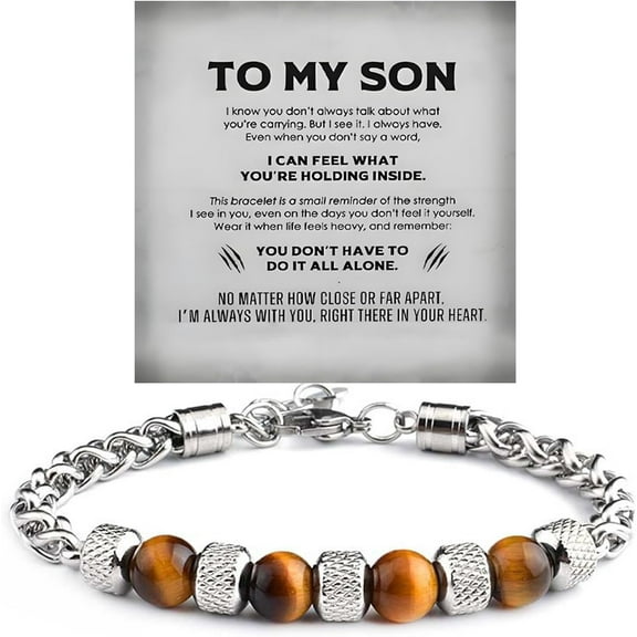 The Guardian - Son's Tiger Eye Protection Bracelet For Men, To My Son Bracelets from Mom Natural Stone Lion Black Beaded Stainless Steel Bangle Jewelry Gift for Birthday Christmas
