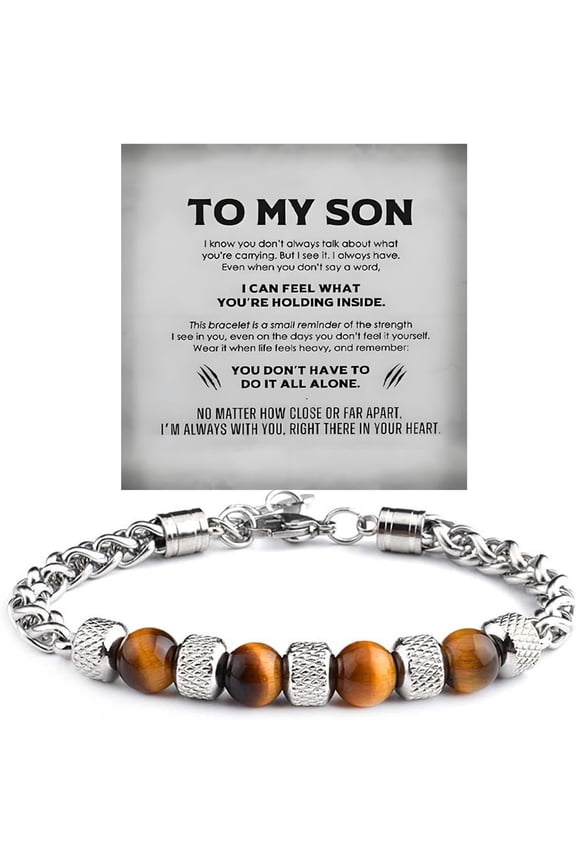 The Guardian - Son's Tiger Eye Protection Bracelet For Men, To My Son Bracelets from Mom Natural Stone Lion Black Beaded Stainless Steel Bangle Jewelry Gift for Birthday Christmas