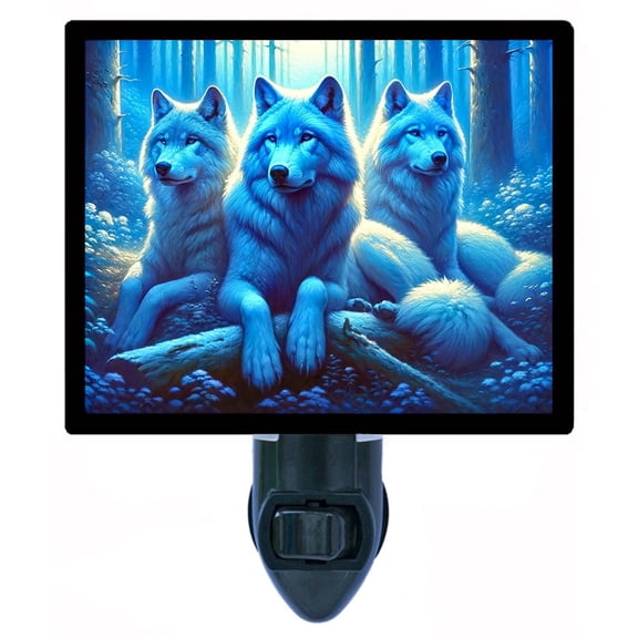 Guardians of the Mystic Forest Night Light Majestic White Wolves in Moonlit Blue Woodland, Winter Wildlife Cabin Dcor Includes Free Switchable Insert