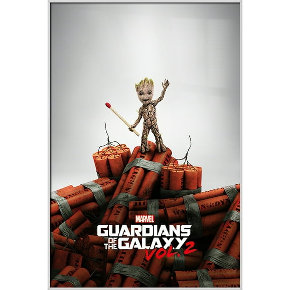 Guardians Of The Galaxy Vol. 2 - Framed Movie Poster (Baby Groot On Dynamite) (Size: 25" X 37") (Shiny White Aluminum Frame)