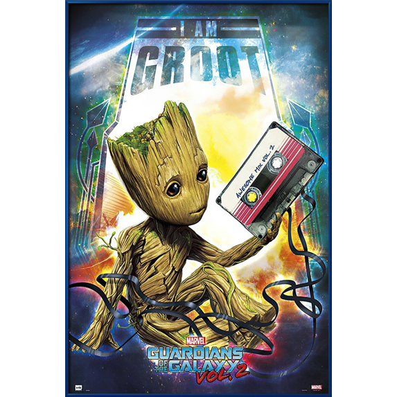 Guardians Of The Galaxy Vol. 2 - Framed Movie Poster (I Am Groot - Baby Groot With MIXtape Vol. 2) (Size: 25" X 37") (Metallic Blue Plastic Frame)