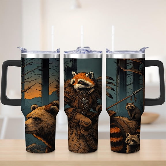 Guardians of the Galaxy Raccoon and Bear Stainless Steel Insulated Mug with Lid and Handle, 30oz