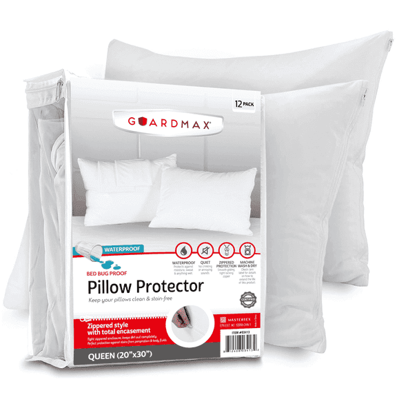 Guardmax Jersey Knitted Pillow Protector With Zipper Queen Size - 12 Pack - 100% Waterproof, Bed Bug Proof, Dust Mite Proof, & Hypoallergenic Pillow Covers - Premium Zippered Pillow Cases. (20 X 30)