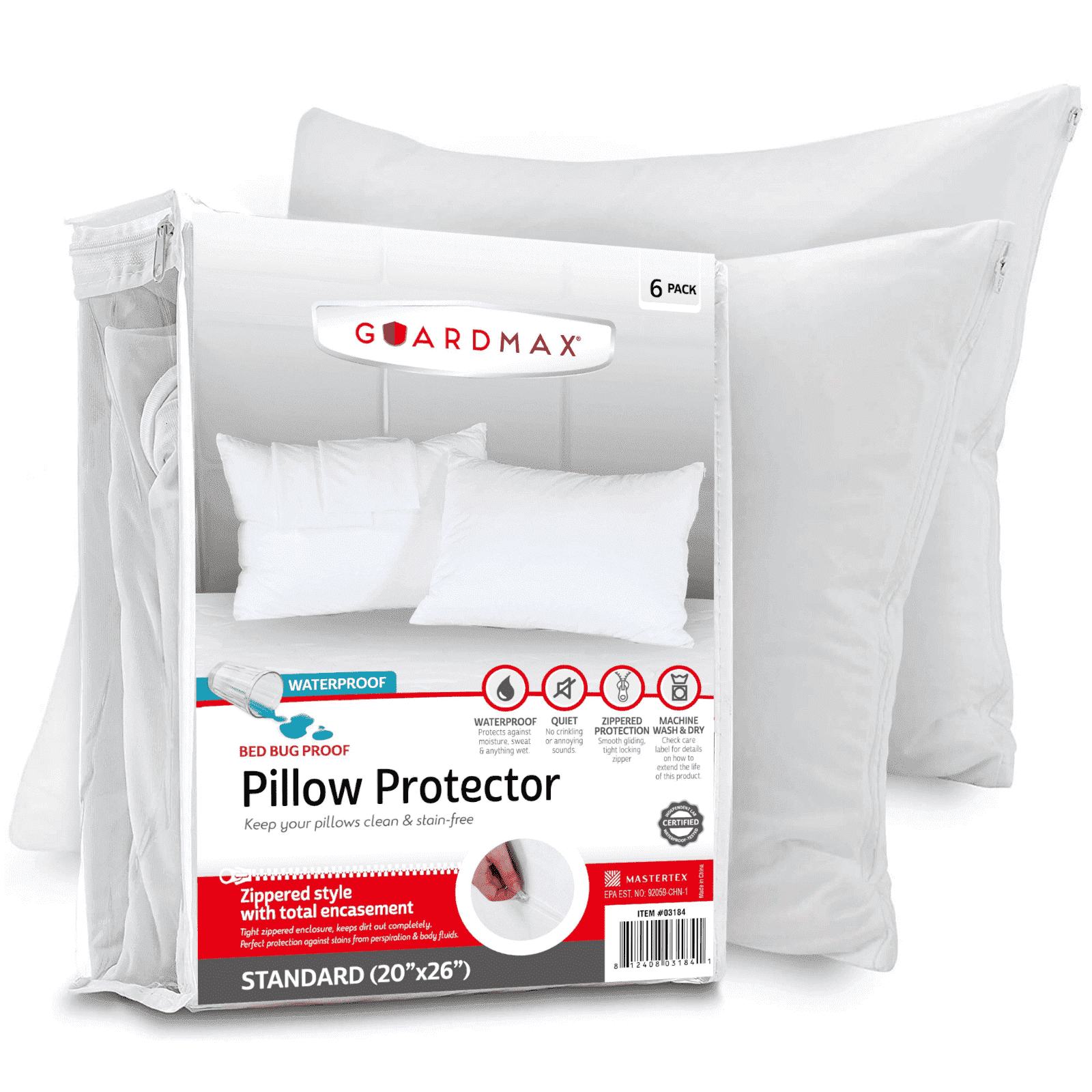 Guardmax Pillow Protector 20x26 Zippered Waterproof Bed Bug Proof 6pk ...