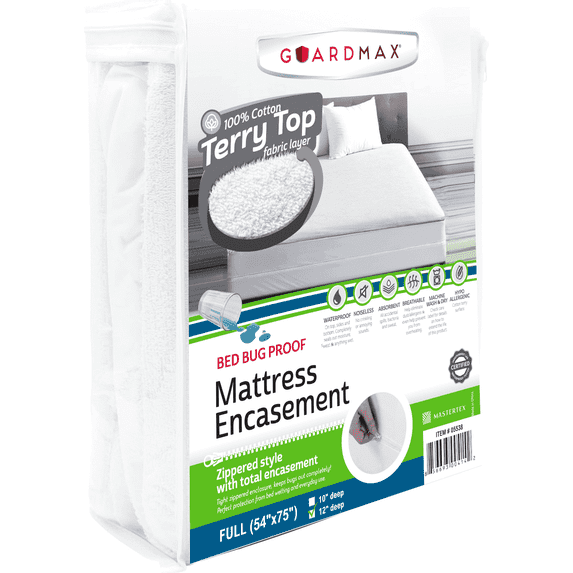 Guardmax Terry Cotton Full Zippered Mattress Encasement - Waterproof & Bed Bug Proof Mattress Protector - Comfortable, Soft, and Noiseless Zippered Bedding - Dust Mite Proof (54 x 75 x 12)