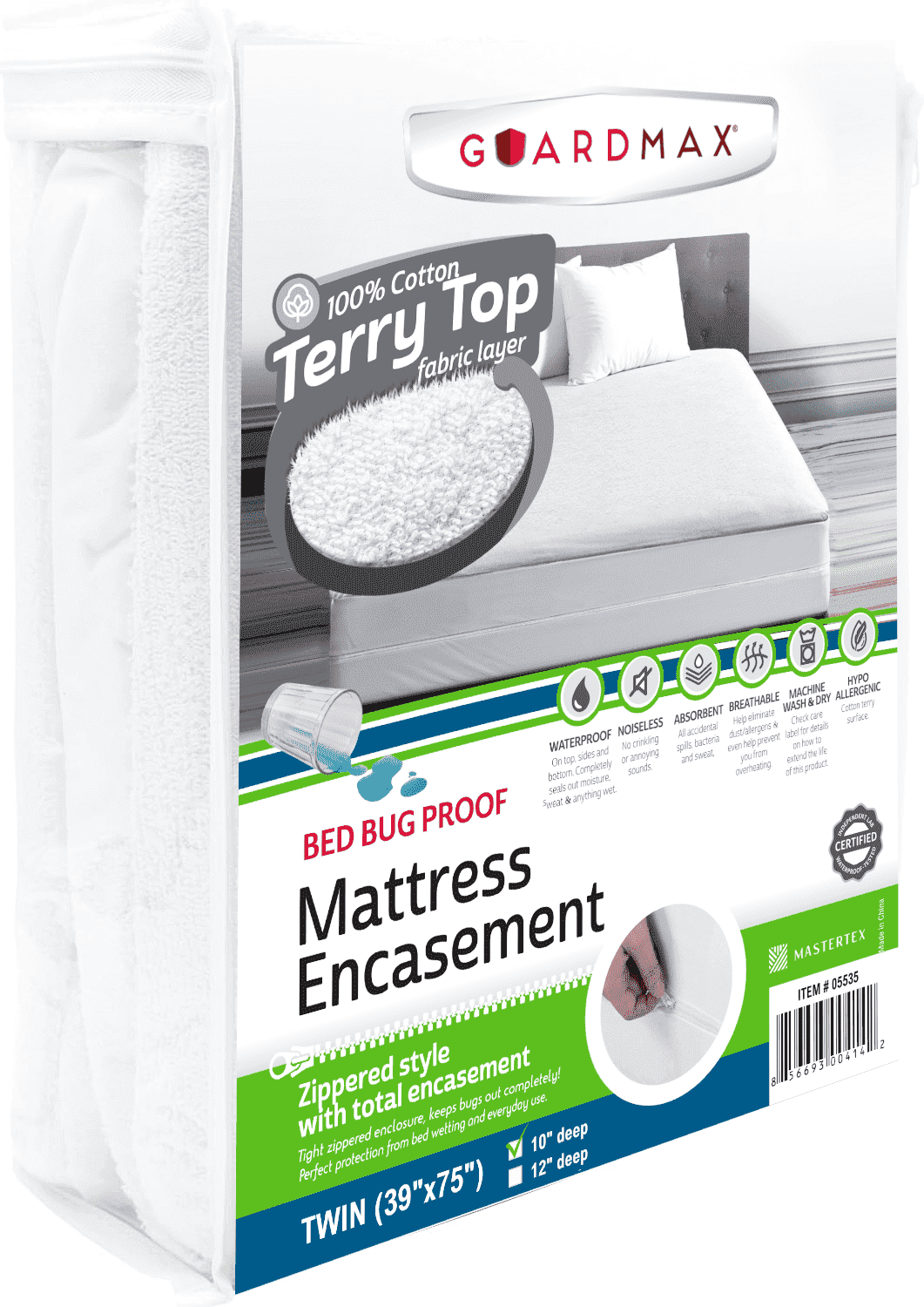 Guardmax Terry Cotton Twin Zippered Mattress Encasement - Waterproof & Bed Bug Proof Mattress Protector - Comfortable, Soft, and Noiseless Zippered Bedding - Dust Mite Proof (39 x 75 x 10)
