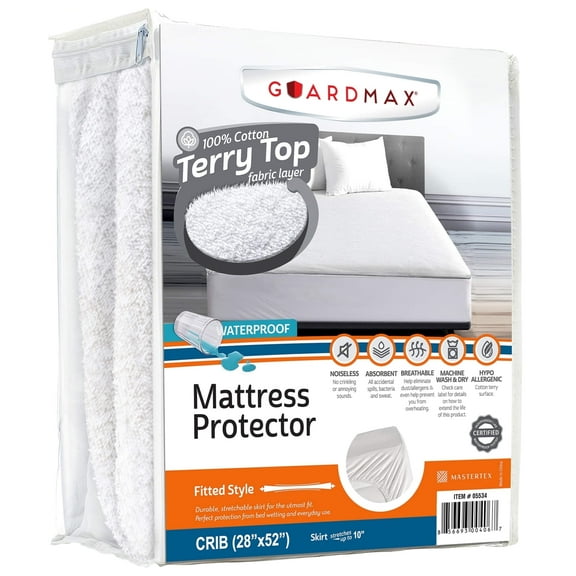 Guardmax Terry Cotton Crib Size Mattress Protector - Waterproof & Dust Mite Proof Mattress Cover with Stretchable Pockets - Soft, Comfortable, & Noiseless Waterproof Fitted Sheet.(28 x 52 x 7)