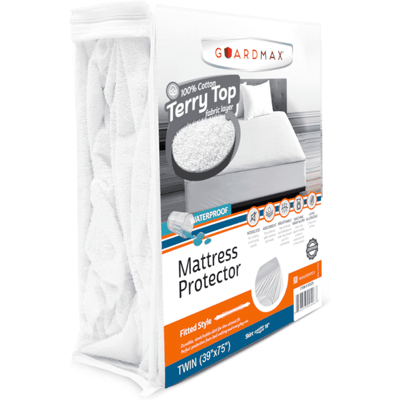 Guardmax Terry Cotton Twin Size Mattress Protector - Waterproof & Dust Mite Proof Mattress Cover with Stretchable Pockets - Soft, Comfortable, & Noiseless Waterproof Fitted Sheet.(39 x 75 x 13)