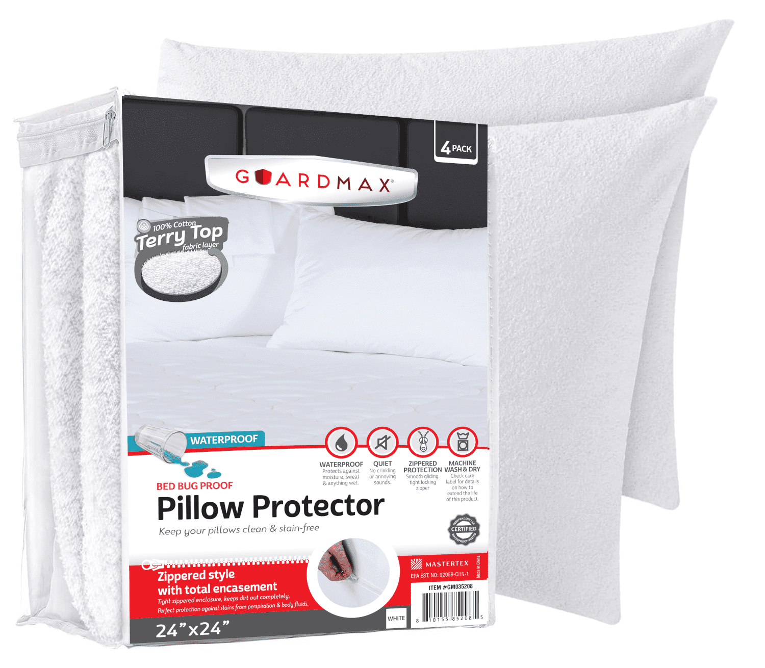 Guardmax Terry Cotton Waterproof 24x24 Size - Zippered Bed Bug Pillow Protector 4 Pack - Hypoallergenic Pillow Case Cover Protects from Bedbug, Dust Mite, and Liquid Spills