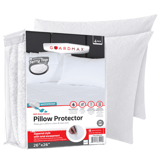 Guardmax Terry Cotton Waterproof 26x26 Size - Zippered Bed Bug Pillow Protector 4 Pack - Hypoallergenic Pillow Case Cover Protects from Bedbug, Dust Mite, and Liquid Spills