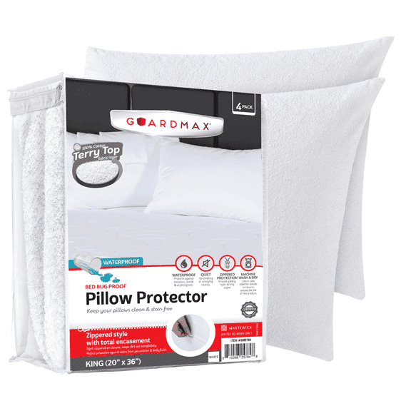 Guardmax Terry Cotton Pillow Protector with Zipper King Size - 4 Pack - 100% Waterproof, Bed Bug Proof, Dust Mite Proof, & Hypoallergenic Pillow Covers - Premium Zippered Pillow Cases. (20 X 36)
