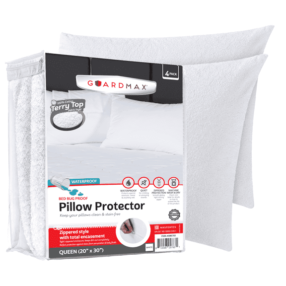 Guardmax Terry Cotton Pillow Protector with Zipper Queen Size - 4 Pack - 100% Waterproof, Bed Bug Proof, Dust Mite Proof, & Hypoallergenic Pillow Covers - Premium Zippered Pillow Cases. (20 X 30)