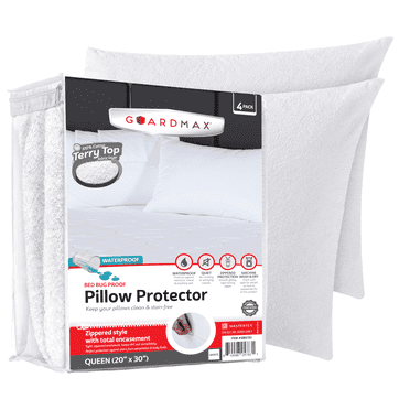 Guardmax Terry Cotton Pillow Protector with Zipper Queen Size - 4 Pack - 100% Waterproof, Bed Bug Proof, Dust Mite Proof, & Hypoallergenic Pillow Covers - Premium Zippered Pillow Cases. (20 X 30)