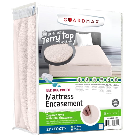 Guardmax Terry Cotton Zippered Mattress Encasement - 33 x 75 Size - 100% Waterproof and Bed Bug Proof Mattress Protector - Absorbent Six-Sided Mattress Cover (Terry Cotton, 33 X 75)