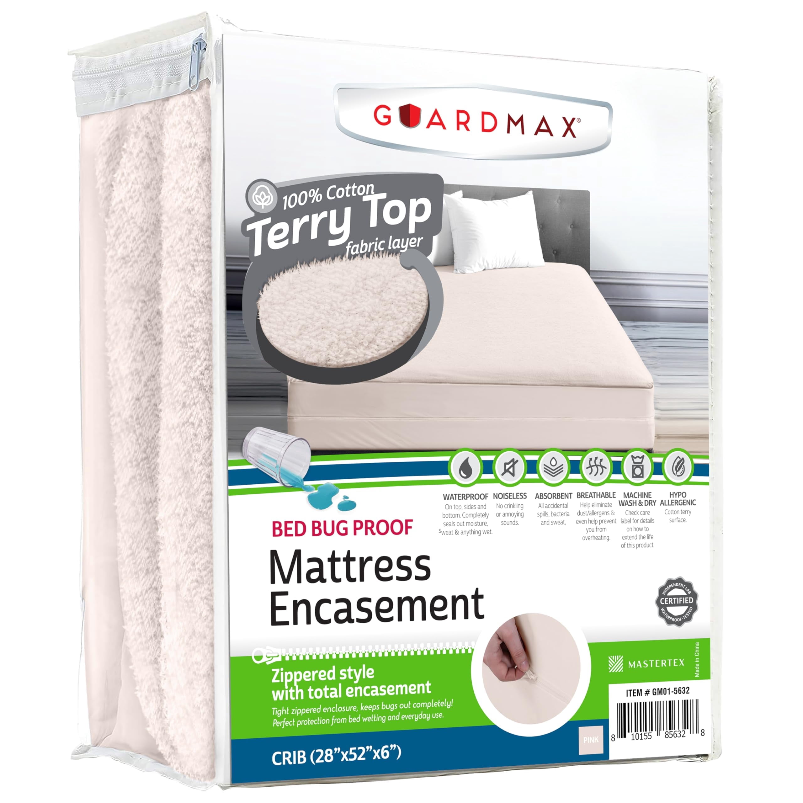 Guardmax Terry Cotton Zippered Mattress Encasement - Crib Size - 100% Waterproof and Bed Bug Proof Mattress Protector - Absorbent Six-Sided Mattress Cover (Terry Cotton, Crib)