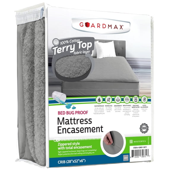 Guardmax Terry Cotton Zippered Mattress Encasement - Crib Size - 100% Waterproof and Bed Bug Proof Mattress Protector - Absorbent Six-Sided Mattress Cover (Terry Cotton, Crib)