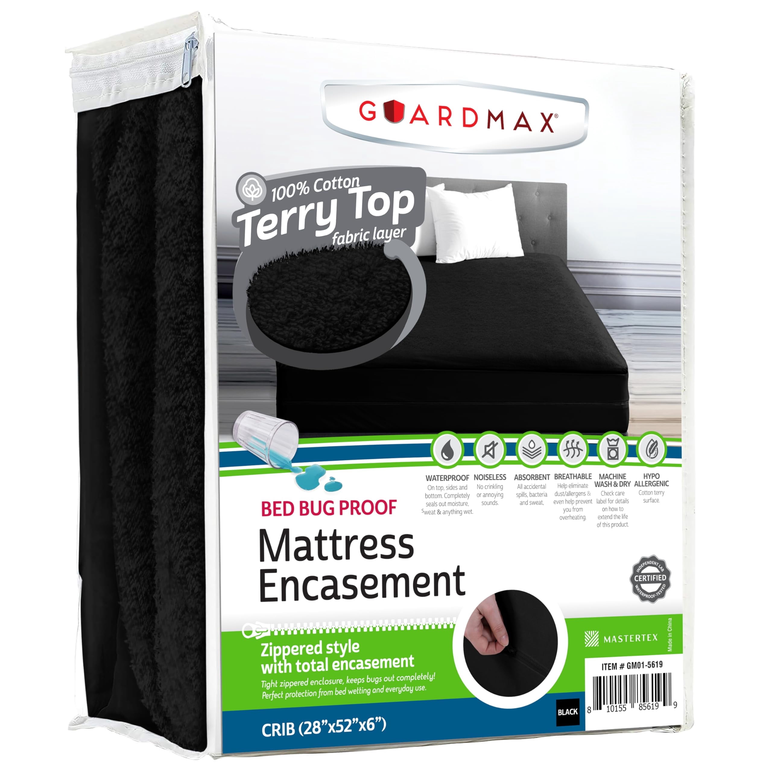 Guardmax Terry Cotton Zippered Mattress Encasement - Crib Size - 100% Waterproof and Bed Bug Proof Mattress Protector - Absorbent Six-Sided Mattress Cover (Terry Cotton, Crib)