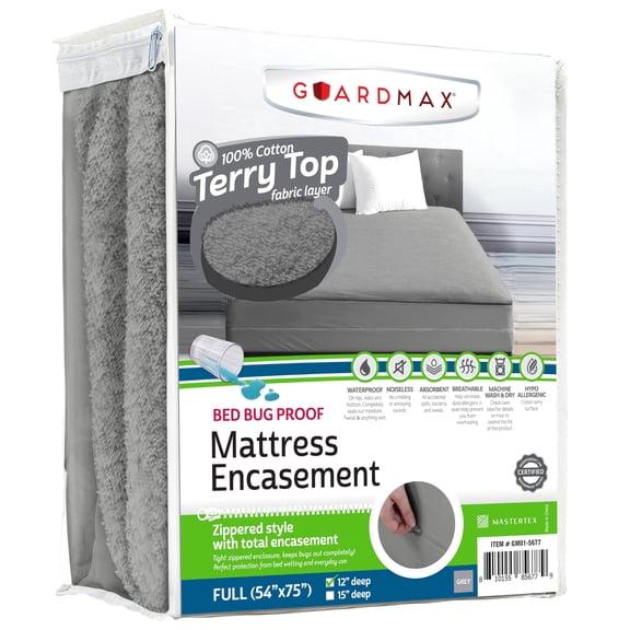 Guardmax Mini Crib Mattress Encasement Zippered, 100% Waterproof Mattress Protector, Soft & Absorbent Cotton Terry Top Mattress Cover for Kids, Adults, & Pets, Bed Bug & Dust Mite Proof Cover (Grey)