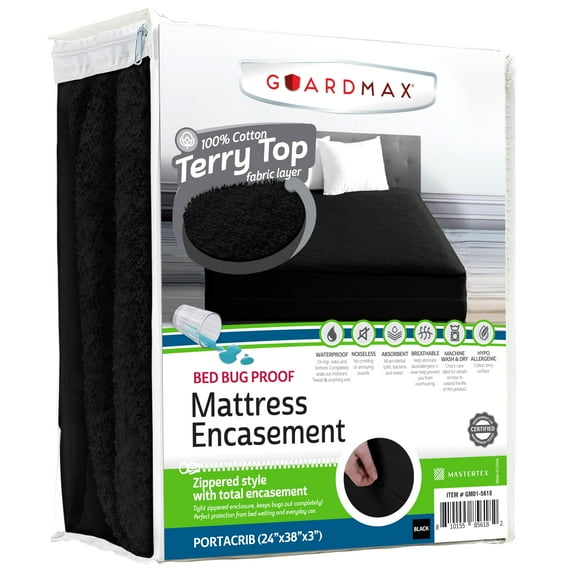 Guardmax Terry Cotton Zippered Mattress Encasement - Mini Crib Size - 100% Waterproof and Bed Bug Proof Mattress Protector - Absorbent Six-Sided Mattress Cover (Terry Cotton, Mini Crib)