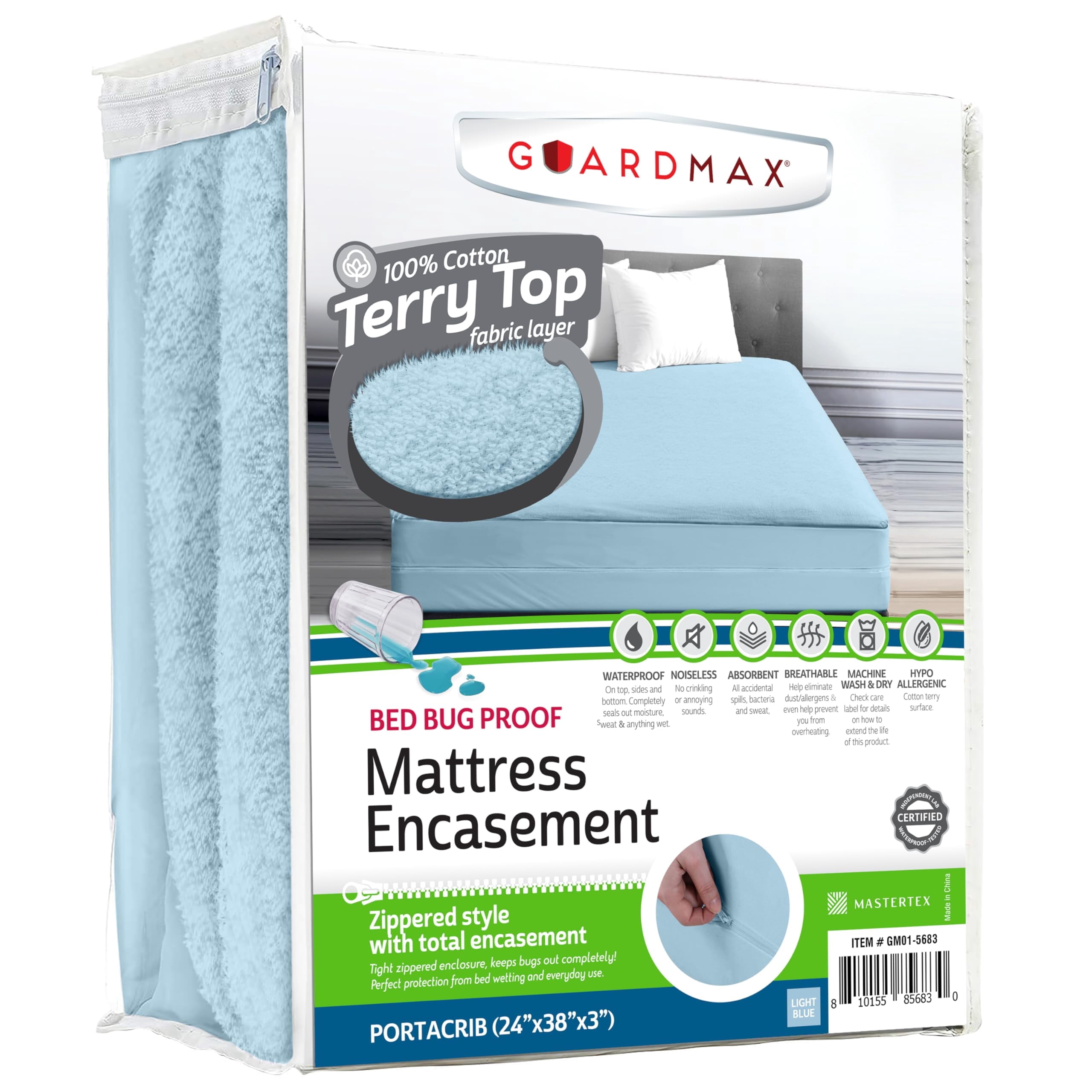 Guardmax Terry Cotton Zippered Mattress Encasement - Mini Crib Size - 100% Waterproof and Bed Bug Proof Mattress Protector - Absorbent Six-Sided Mattress Cover (Terry Cotton, Mini Crib)