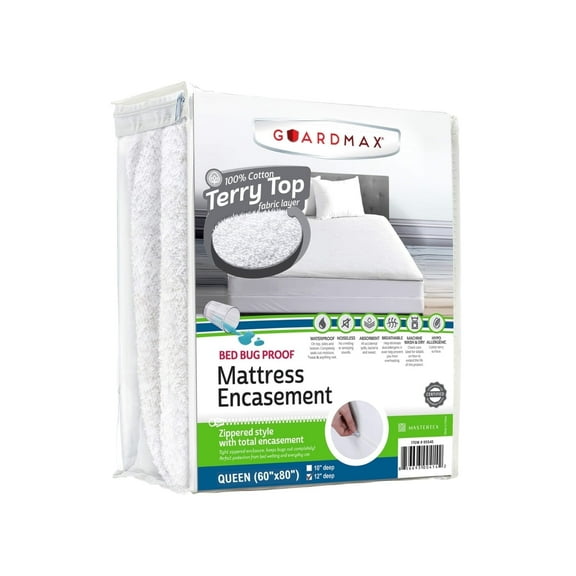 Guardmax Terry Cotton Queen Zippered Mattress Encasement - Waterproof & Bed Bug Proof Mattress Protector - Comfortable, Soft, and Noiseless Zippered Bedding - Dust Mite Proof (60 x 80 x 12)