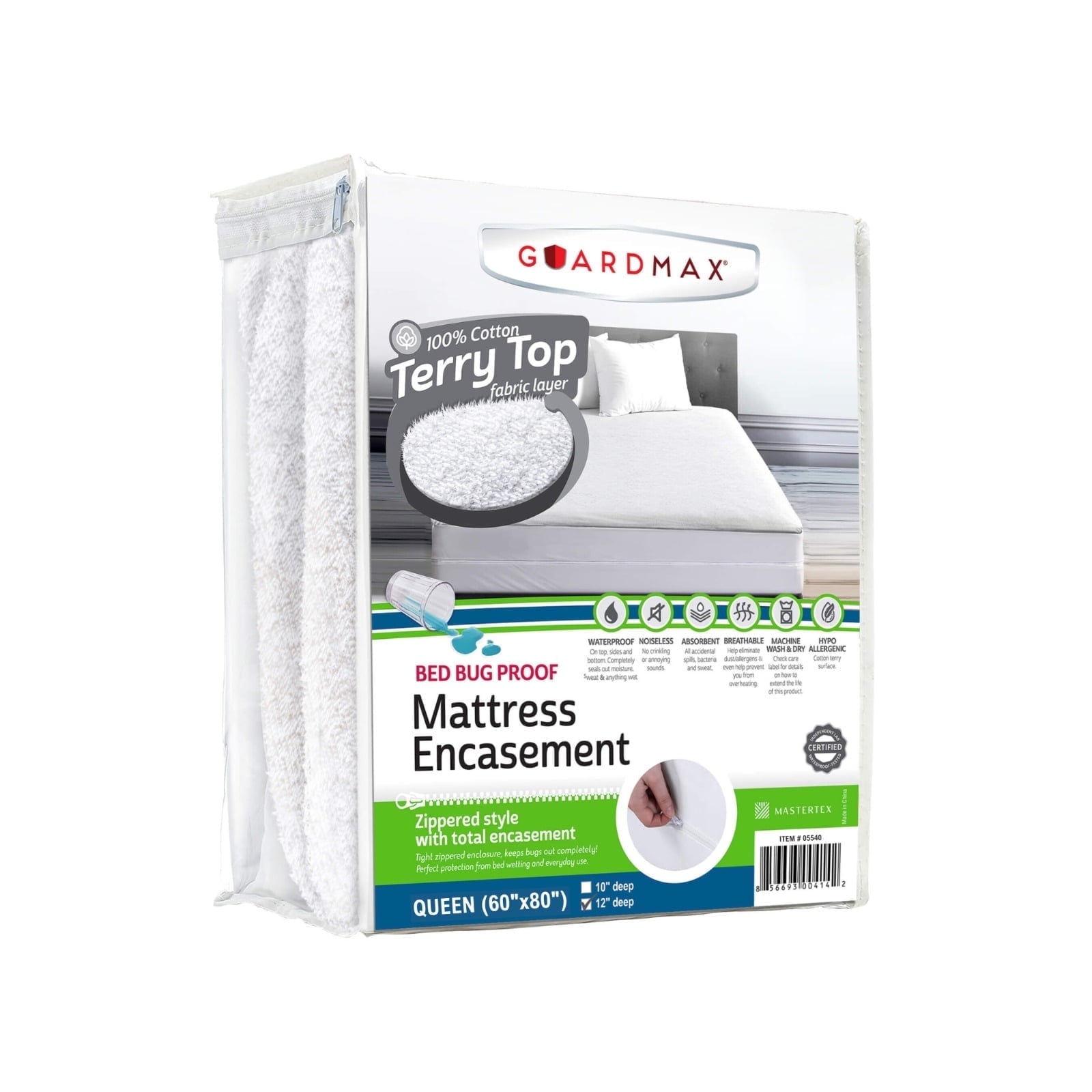Guardmax Queen Size Mattress Encasement - Terry Cotton, Waterproof, Bed ...