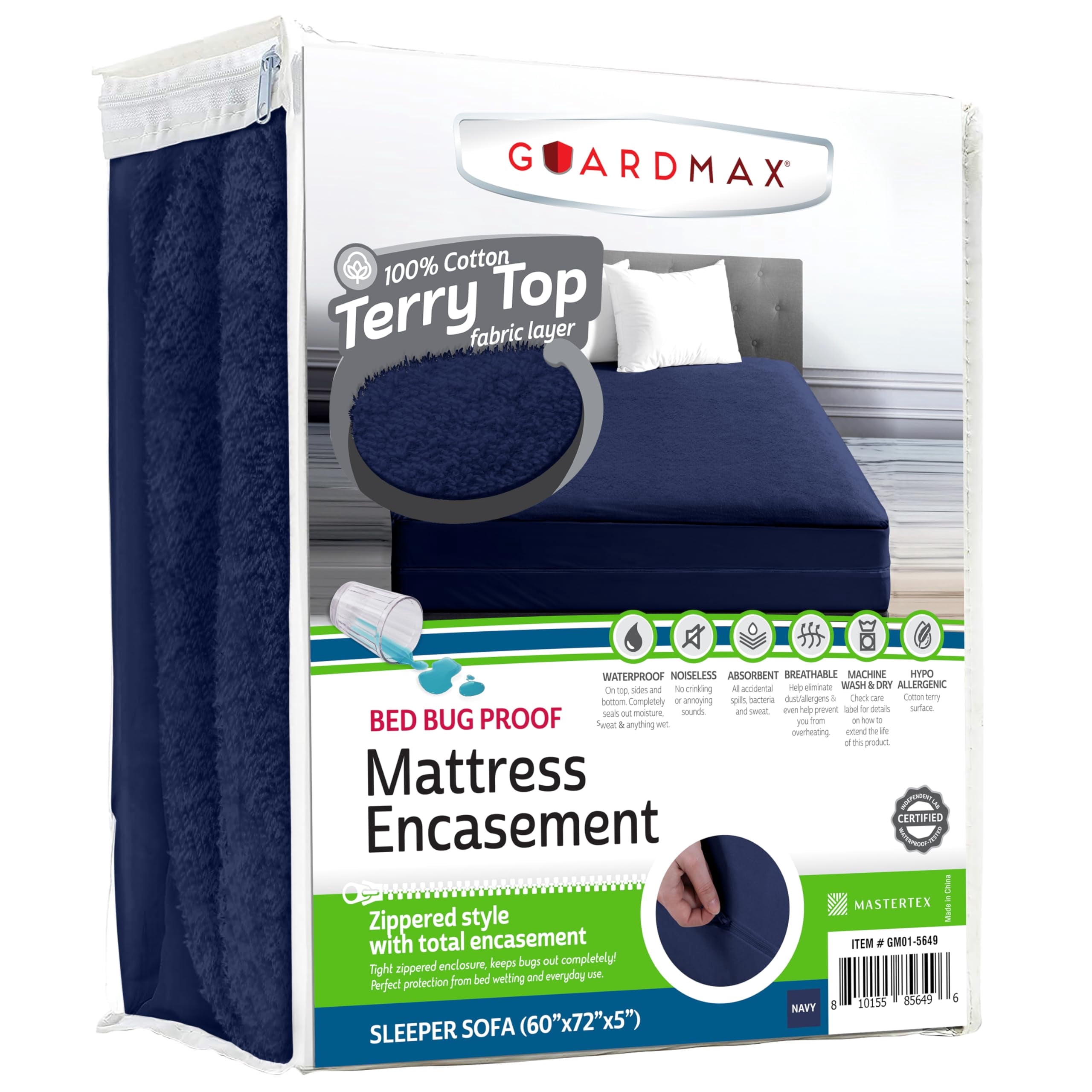 Guardmax Terry Cotton Zippered Mattress Encasement - Sleeper Sofa Size - 100% Waterproof and Bed Bug Proof Mattress Protector - Absorbent Six-Sided Mattress Cover (Terry Cotton, Sleeper Sofa)