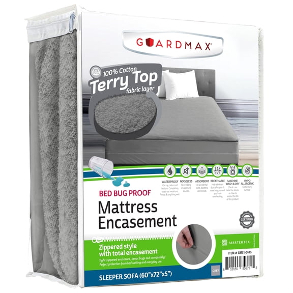 Guardmax Terry Cotton Zippered Mattress Encasement - Sleeper Sofa Size - 100% Waterproof and Bed Bug Proof Mattress Protector - Absorbent Six-Sided Mattress Cover (Terry Cotton, Sleeper Sofa)